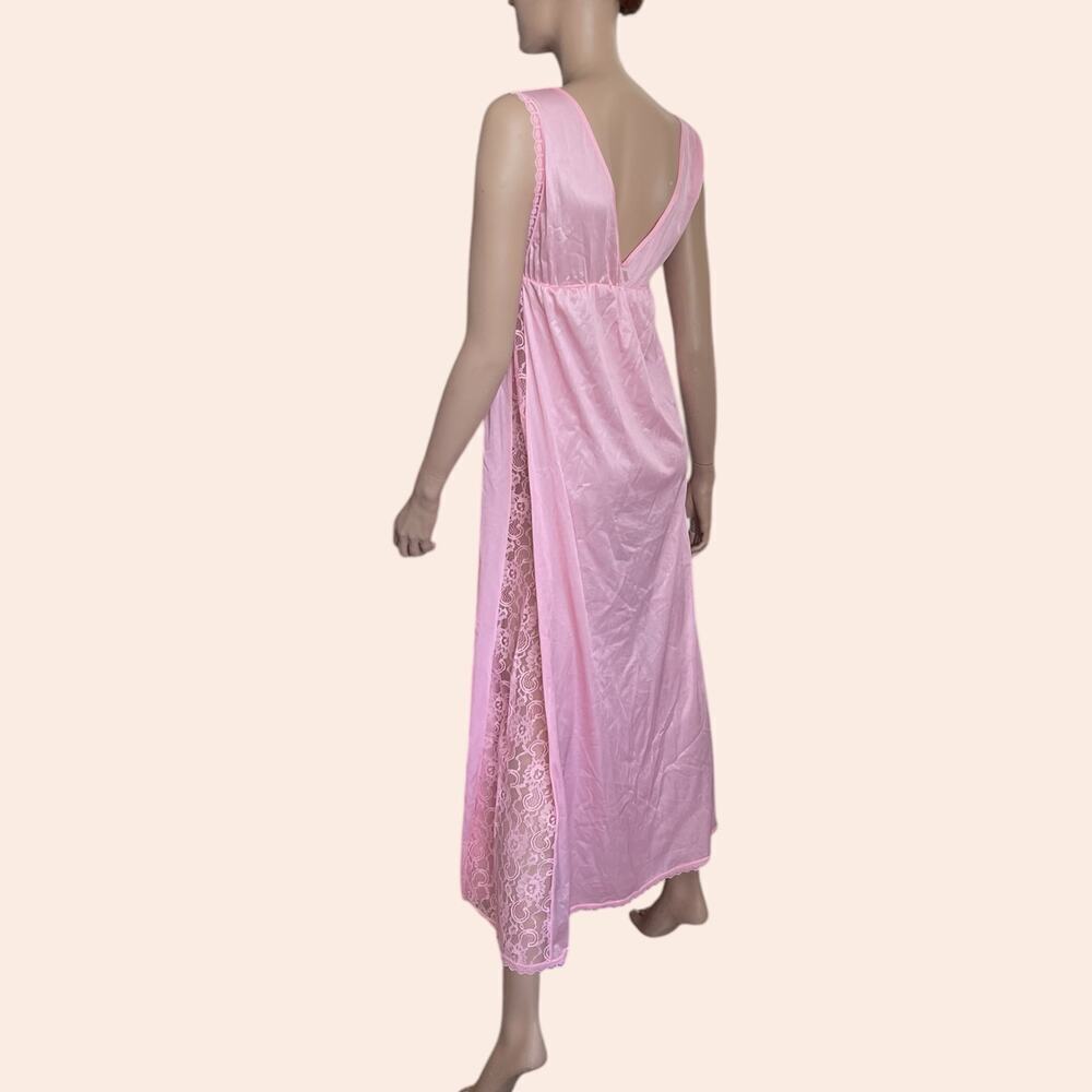 Vintage Pink Nightgown Peekaboo Lace Maxi Lingerie Babydoll Deep V Full Length - Picture 6 of 10